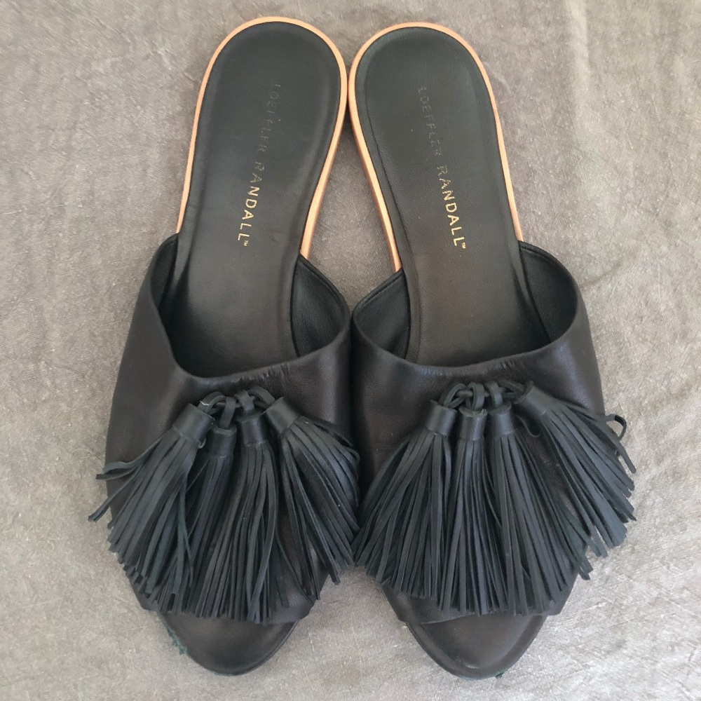 Loeffler Randall Kiki Black Tassel Slides, 38